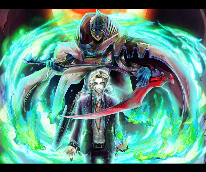 blood, blue_eyes, blue_fire, blue_flame, cape, fire, formal, full_moon