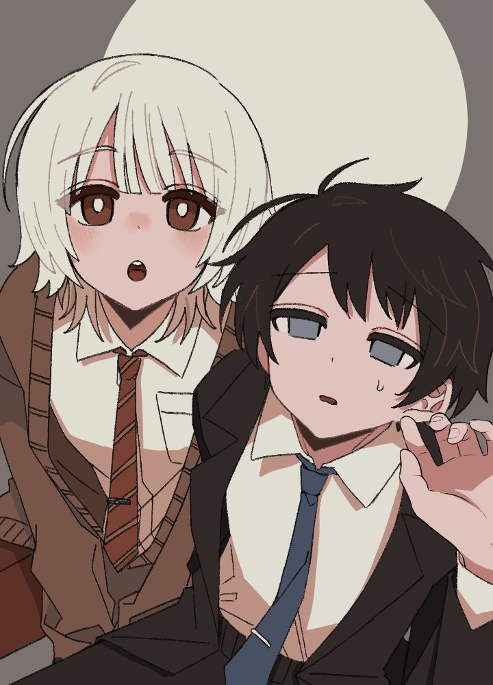 2boys, :o, akinashi_haru, between_legs, black_jacket, black_pants, blue_necktie, blush