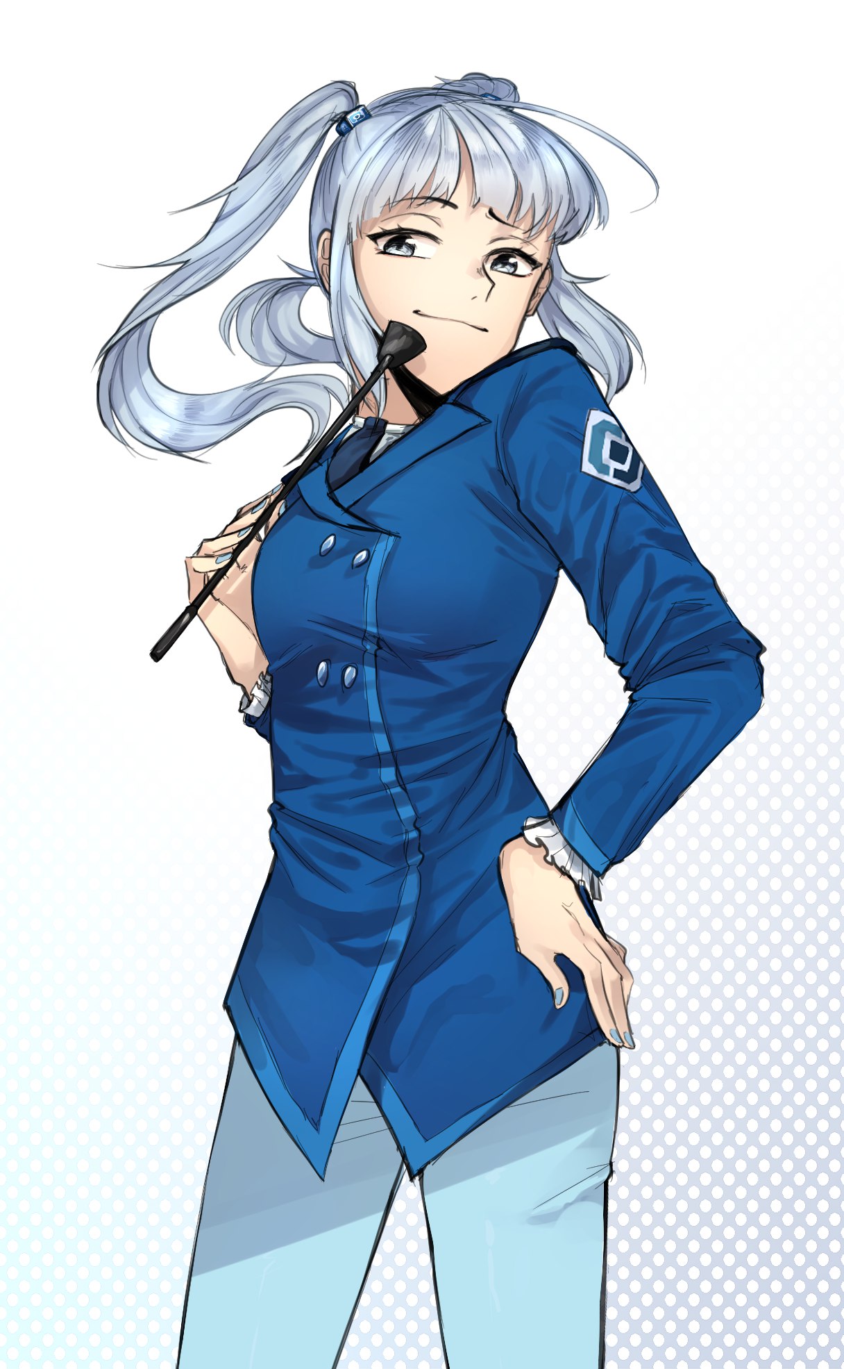 1girl, anonymous_(4chan), artist_request, blue_coat, blue_eyes, blue_hair, blue_nails, blue_pants