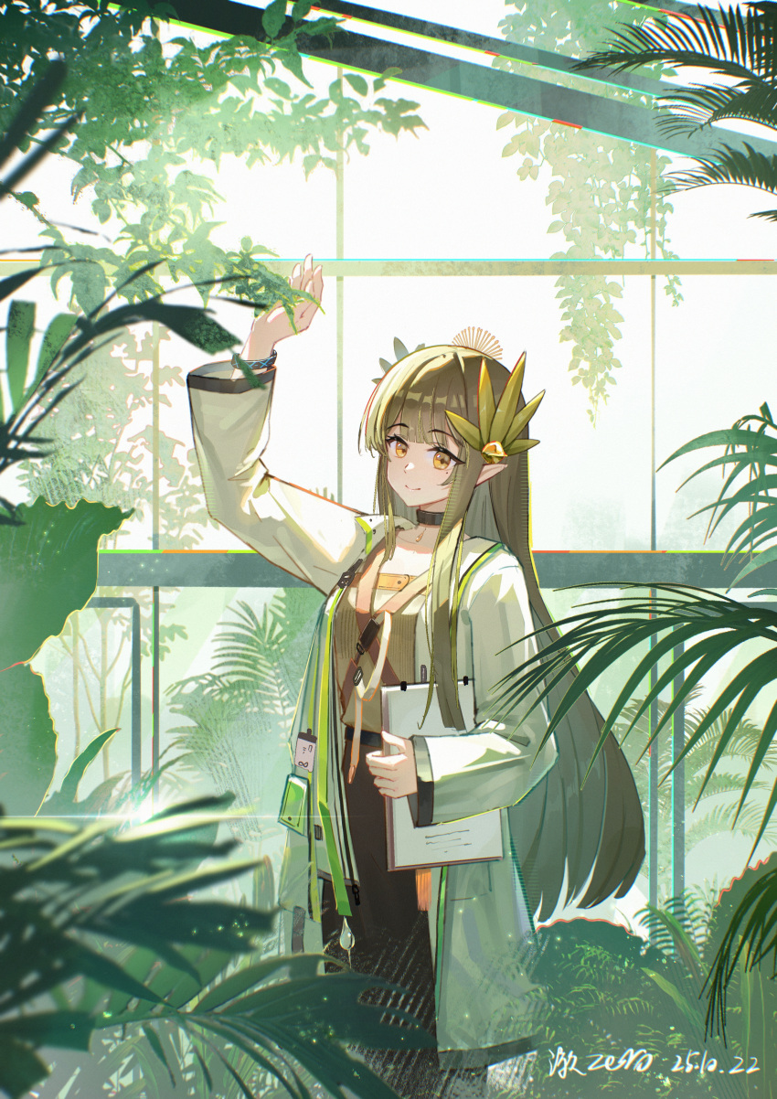 1girl, absurdres, arknights, arm_up, black_choker, brown_hair, brown_skirt, che_zero, chinese_commentary, choker, chromatic_aberration, clipboard, closed_mouth, coat, commentary_request, cowboy_shot, day, elf, grey_shirt, hair_ornament, highres, holding, holding_clipboard, infection_monitor_(arknights), lab_coat, long_hair, long_sleeves, looking_at_viewer, mole, mole_under_eye, muelsyse_(arknights), open_clothes, open_coat, plant, pointy_ears, shirt, single_sleeve_past_wrist, skirt, smile, solo, standing, white_coat, yellow_eyes