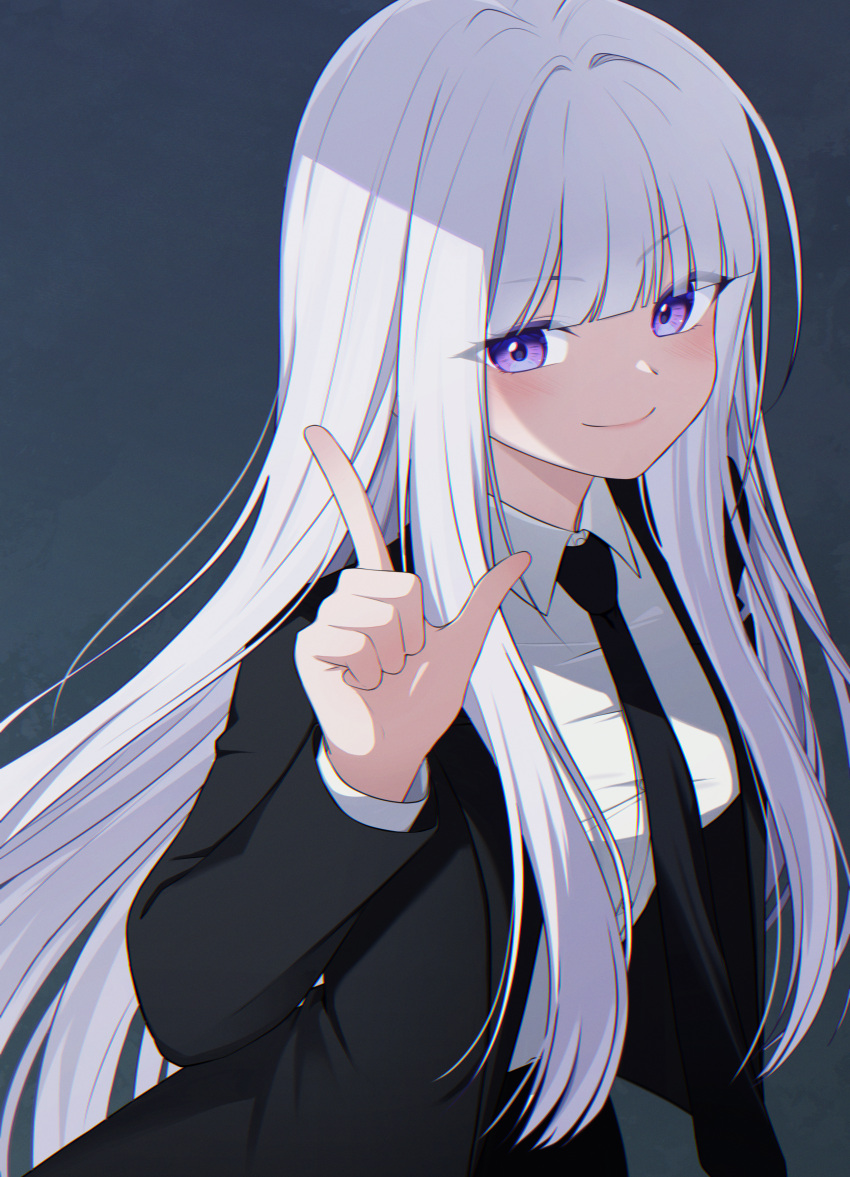 1girl, absurdres, black_jacket, black_necktie, blunt_bangs, collared_shirt, grey_background, highres