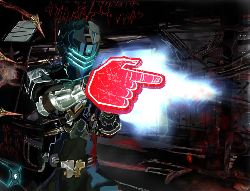 dead_space, dead_space_2, evangelion0pan, foam_finger, glowing, glowing_eyes, helmet, isaac_clarke