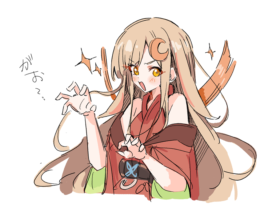 1girl, :d, bare_shoulders, blonde_hair, cho_kaguya-hime!, commentary_request, crescent, crescent_hair_ornament