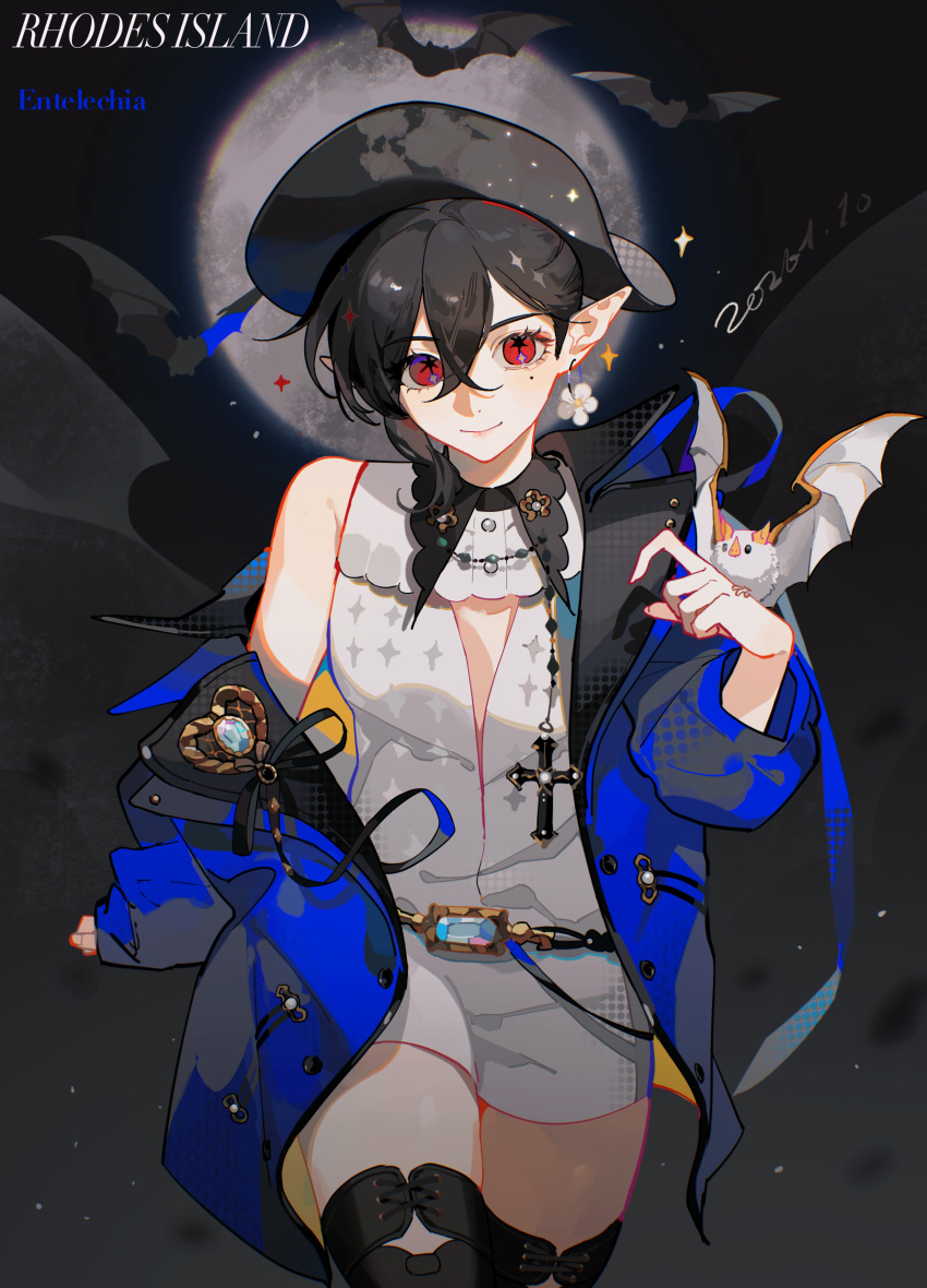 1girl, absurdres, animal_on_hand, arknights, bare_shoulders, bat_(animal), belt, black_hair