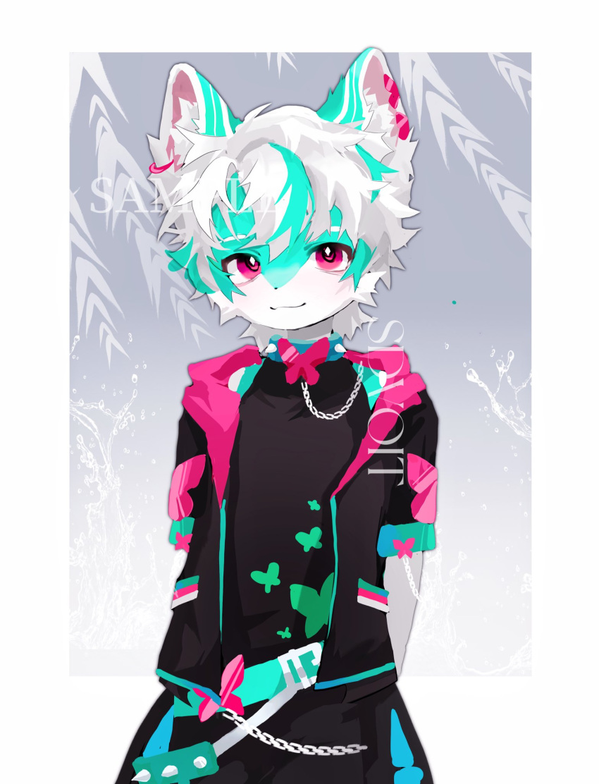 1boy, abstract_background, animal_ears, aqua_belt, aqua_fur, aqua_hair, belt, black_jacket