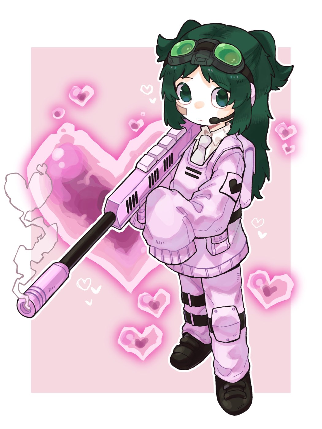 1girl, akns_lblb, army_in_black, bandage_on_face, bandages, black_shoes, border, closed_mouth