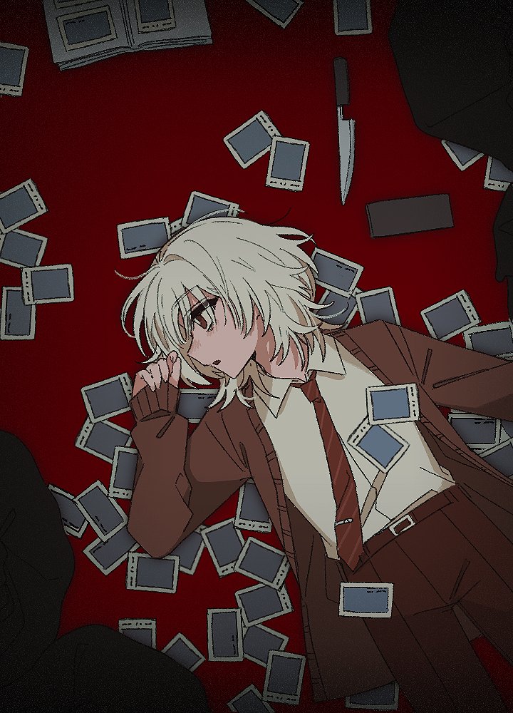 1boy, belt, brown_belt, brown_cardigan, brown_eyes, brown_necktie, brown_pants, cardigan, collared_shirt, cowboy_shot, dress_shirt, dutch_angle, hand_up, hashtag-only_commentary, knife, legs_apart, lying, male_focus, necktie, on_back, pants, parted_lips, polaroid_photo, profile, red_background, saihate_eki, shirt, solo, tatsunami_shion, white_hair, white_shirt, ze_no_crime