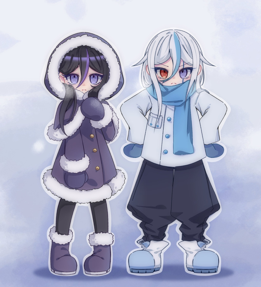 2girls, baggy_pants, black_hair, black_pants, blue_gloves, blue_hair, blue_scarf, boots
