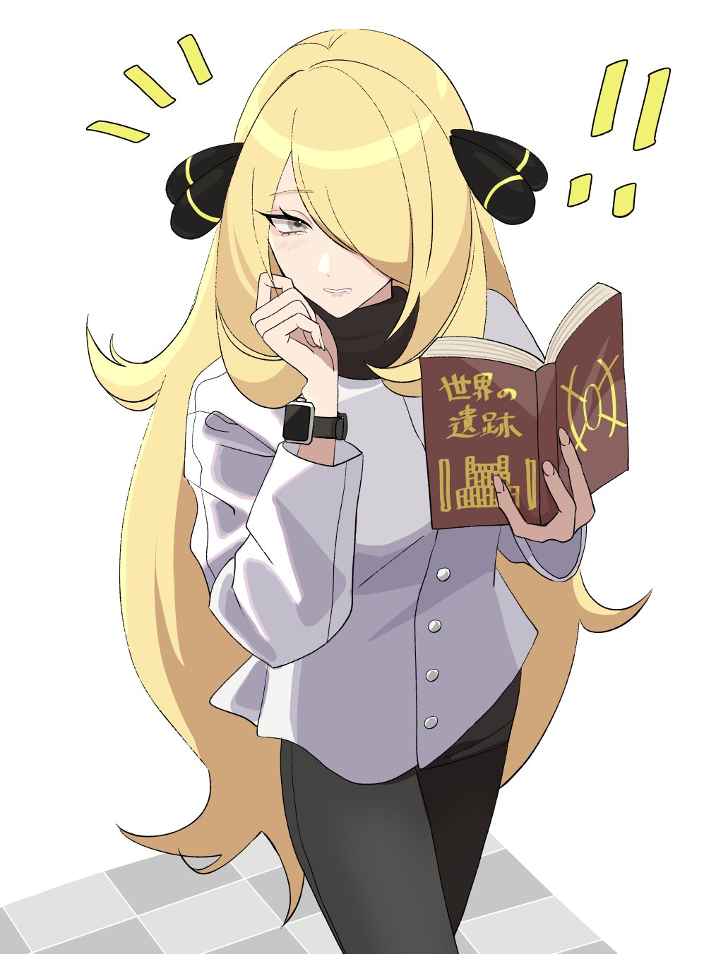 1girl, blonde_hair, blush, book, breasts, commentary_request, cynthia_(pokemon), grey_eyes