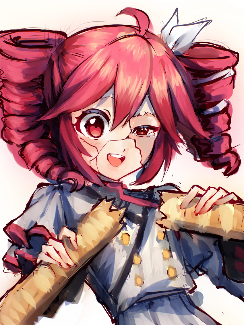 1girl, absurdres, ahoge, baguette, bow, bread, cracked_skin, drill_hair, food, grey_skirt, hair_between_eyes, highres, kasane_teto, kasane_teto_(sv), lambt0ast, long_sleeves, open_mouth, red_eyes, red_hair, ribbon, simple_background, sketch, skirt, solo, synthesizer_v, tears, twin_drills, twintails, white_bow, white_ribbon