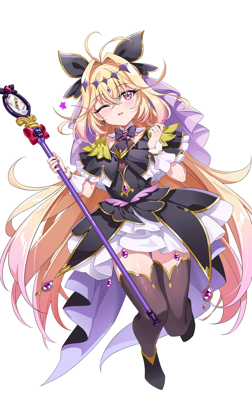 1girl, absurdres, black_bow, black_capelet, black_dress, black_thighhighs, blonde_hair, bow
