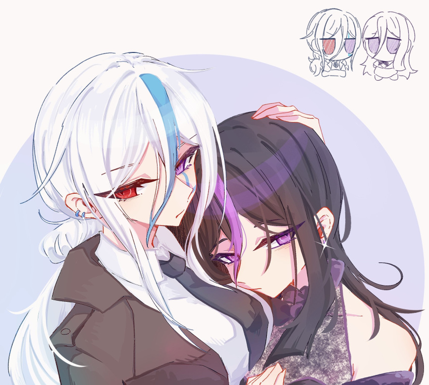 2girls, alternate_costume, alternate_hairstyle, bare_shoulders, black_hair, black_necktie, blue_background, blue_hair, breasts, brown_jacket, chibi, chibi_inset, chichi_fire, dress, earrings, eva_(hundred_line), facial_mark, hand_on_another's_head, hashtag-only_commentary, heterochromia, highres, jacket, jewelry, large_breasts, long_sidelocks, looking_at_viewer, multicolored_hair, multiple_girls, necktie, ponytail, purple_dress, purple_hair, red_eyes, see-through_clothes, see-through_dress, shirt, siblings, sidelocks, sisters, stud_earrings, sweater, the_hundred_line_-last_defense_academy-, two-tone_background, two-tone_hair, v'ehxness, violet_eyes, white_background, white_shirt, white_sweater