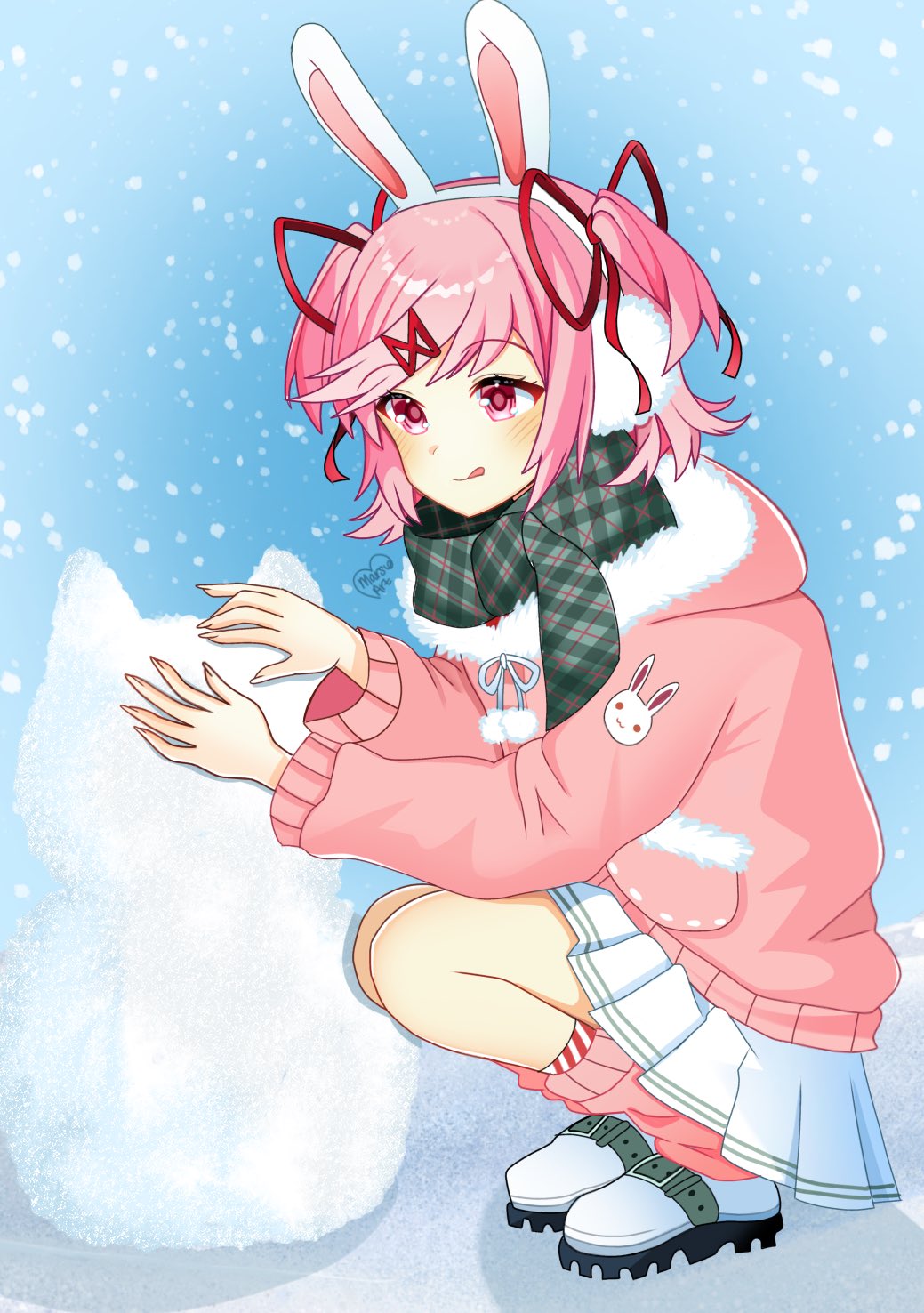 1girl, animal_ears, blush, commentary, doki_doki_literature_club, drawstring, earmuffs, english_commentary, fake_animal_ears, full_body, fur-trimmed_hood, fur_trim, hair_ribbon, highres, hood, hood_down, hooded_jacket, jacket, leg_warmers, long_sleeves, marsieart, natsuki_(doki_doki_literature_club), pink_eyes, pink_hair, plaid_clothes, plaid_scarf, pleated_skirt, rabbit_ears, ribbon, scarf, short_hair, skirt, smile, snow, snow_animal, snow_cat, snowing, solo, squatting, tied_drawstring, tongue, tongue_out, two_side_up