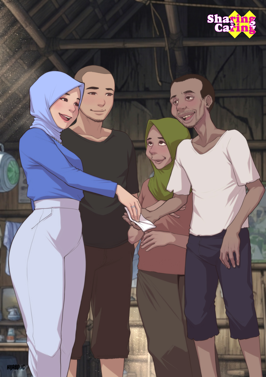 2boys, 2girls, black_shirt, black_shorts, blue_hijab, blue_shirt, brown_eyes, brown_pants