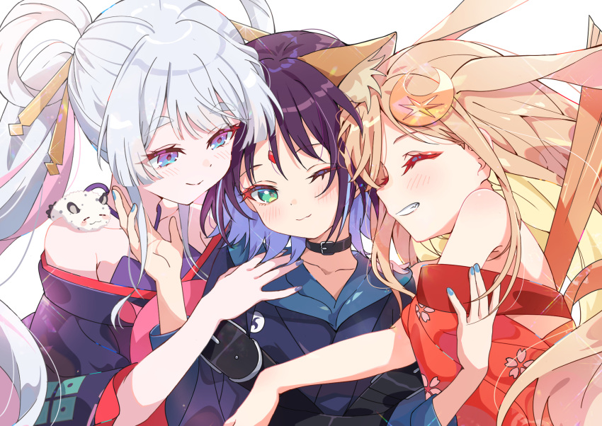 3girls, animal_ears, bare_shoulders, black_choker, blonde_hair, blue_eyes, blue_hoodie, cho_kaguya-hime!
