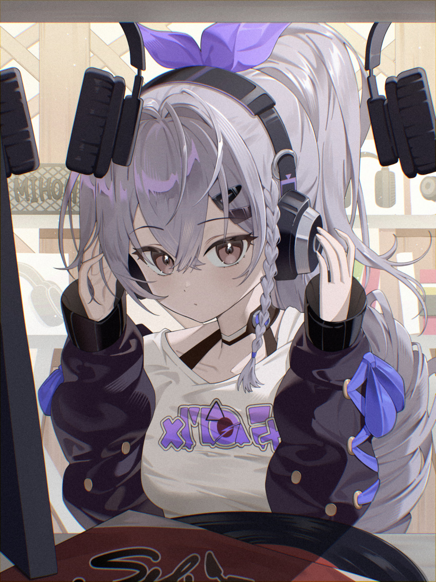 1girl, black_jacket, braid, braided_sidelock, breasts, chyanu, crossed_bangs, drill_hair