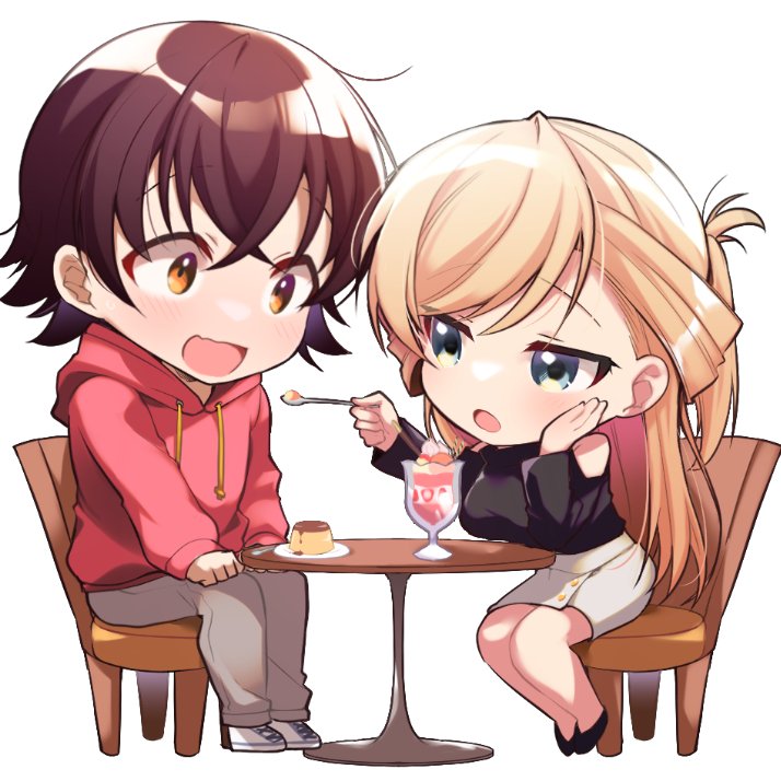 1boy, 1girl, araragi_ayune, bare_shoulders, black_shirt, blonde_hair, breasts, brown_hair