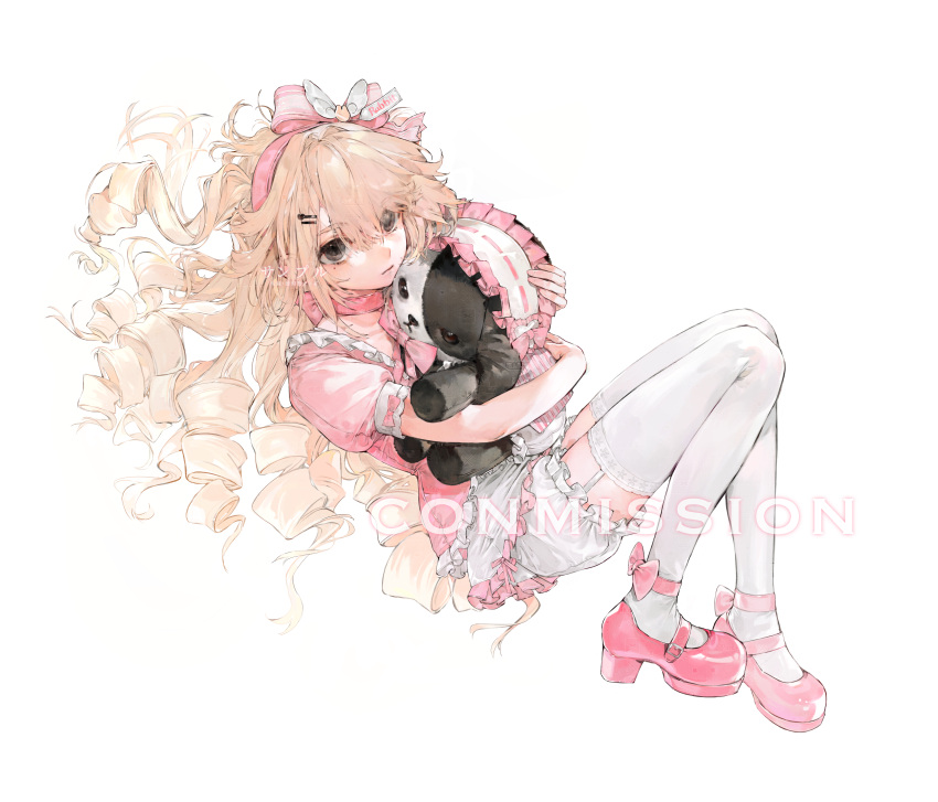 1girl, absurdres, baifeidaiwang, black_eyes, blonde_hair, bloomers, bow, choker
