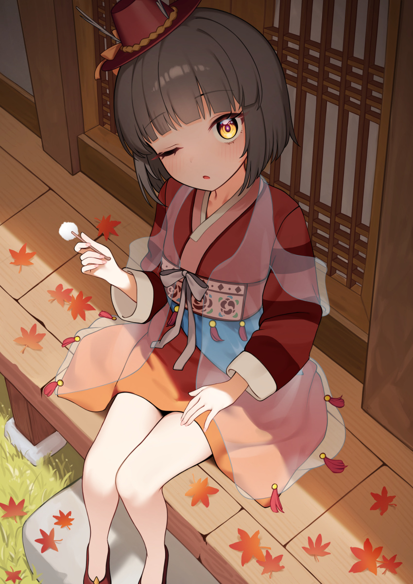 1girl, absurdres, black_hair, boku_no_kanojo_wa_ningyohime!?, character_request, check_character, check_copyright, commentary_request, commission, copyright_request, ewrui, hat, highres, holding, japanese_clothes, kimono, looking_at_viewer, mimikaki, one_eye_closed, open_mouth, pixiv_commission, red_hat, red_kimono, rin_(boku_no_kanojo_wa_ningyohime!?), short_hair, short_kimono, sitting, solo, yellow_eyes