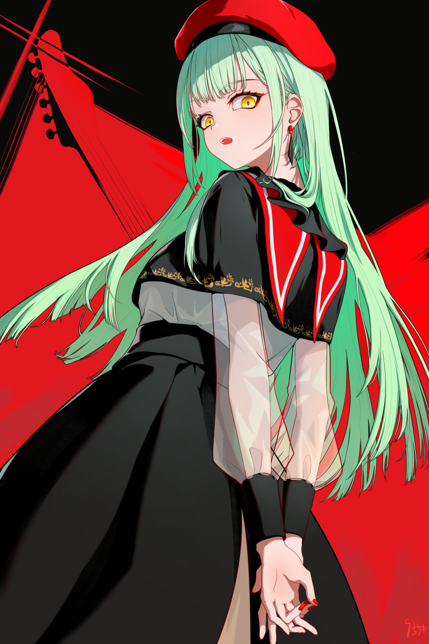 1girl, 7-string_guitar, absurdres, arms_behind_back, bang_dream!, bang_dream!_it's_mygo!!!!!, beret, black_capelet
