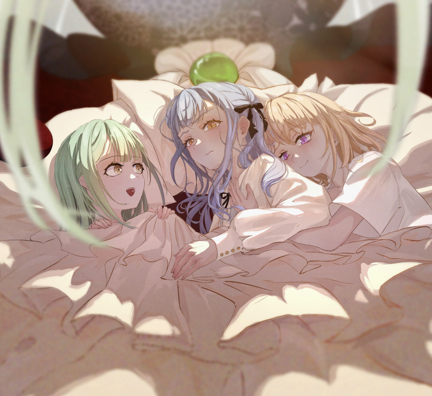 4girls, absurdres, ascot, bang_dream!, bang_dream!_it's_mygo!!!!!, black_ribbon, blonde_hair, commentary_request, gem, green_gem, green_hair, hair_ribbon, highres, hug, hug_from_behind, jwww1375902131, long_hair, long_sleeves, mini_person, misumi_uika, mortis_(bang_dream!), mortis_(costume)_(bang_dream!), mortis_(persona)_(bang_dream!), multiple_girls, ribbon, short_sleeves, sidelocks, togawa_sakiko, under_covers, violet_eyes, wakaba_mutsumi, wavy_mouth, white_ascot, yuri