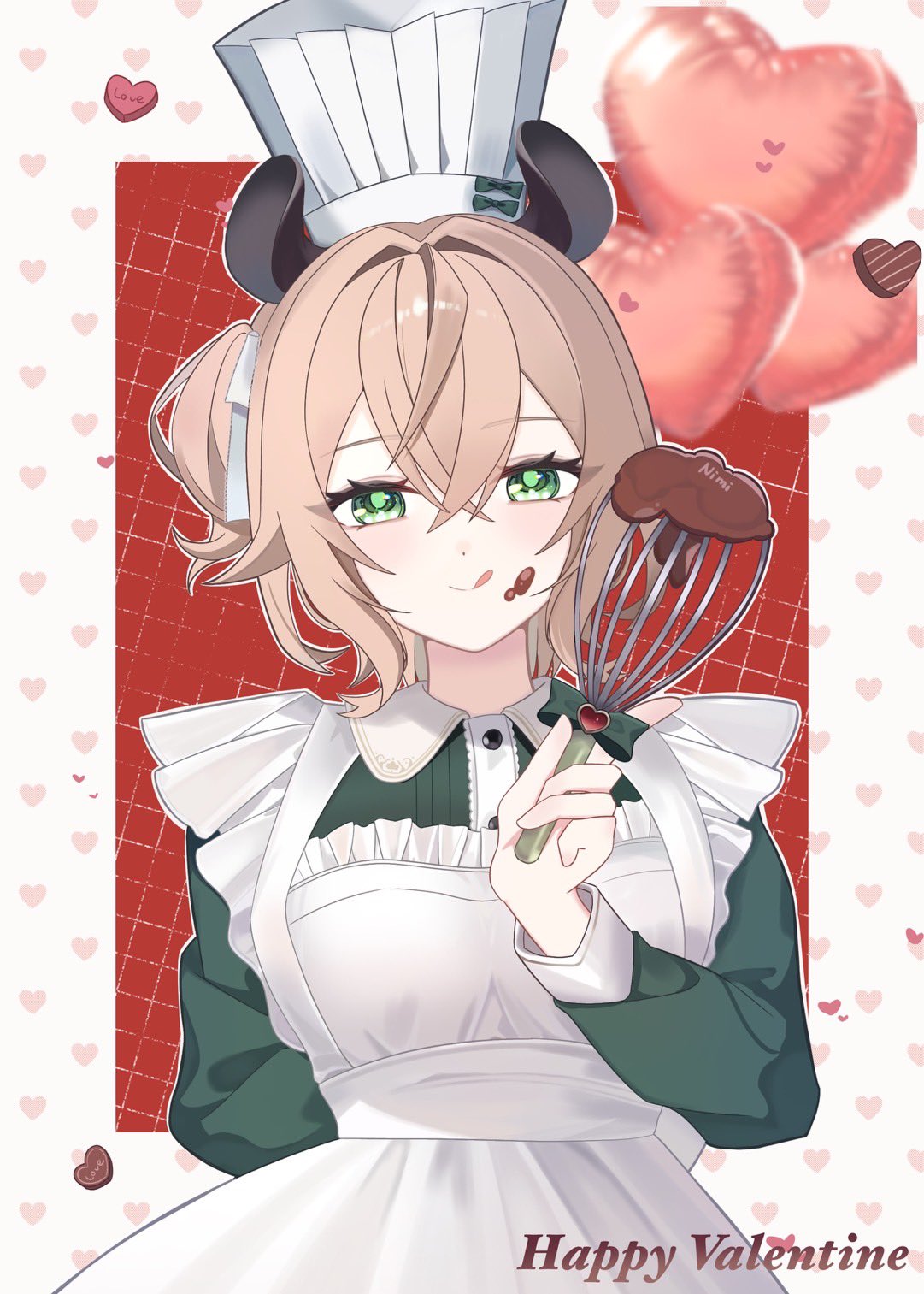 1girl, animal_ears, balloon, brown_hair, chocolate, chocolate_on_face, cowboy_shot, dress