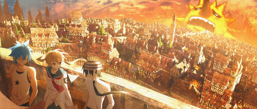 1girl, 2boys, absurdres, black_hair, black_star, blonde_hair, blue_hair, building