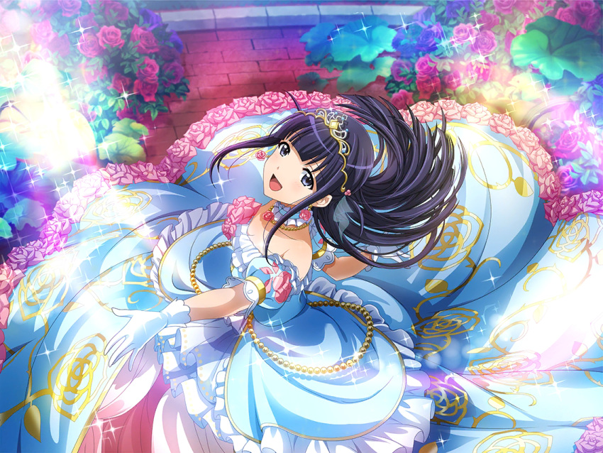 1girl, blue_dress, blue_eyes, blue_hair, blunt_bangs, brick_wall, cinderella_(fairy_tale), cinderella_(fairy_tale_character)