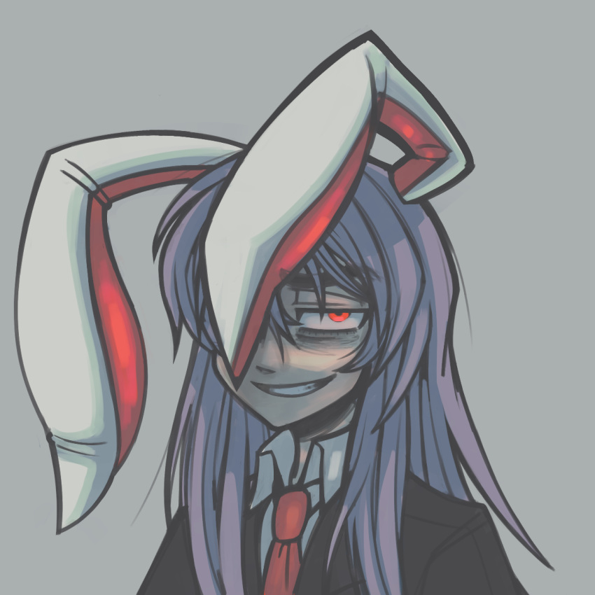1girl, animal_ears, grey_background, hair_over_one_eye, highres, looking_at_viewer, necktie, purple_hair, rabbit_ears, rabbit_girl, red_eyes, reisen_udongein_inaba, solo, solo_focus, suit, touhou, vaikazz