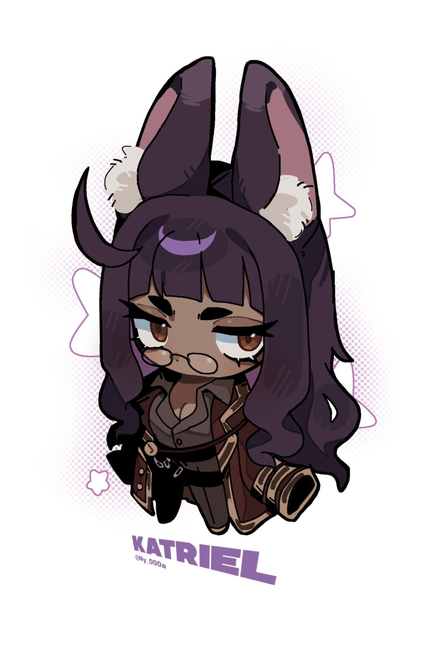 1girl, animal_ears, belt, character_name, chibi, coat, coat_on_shoulders, english_commentary