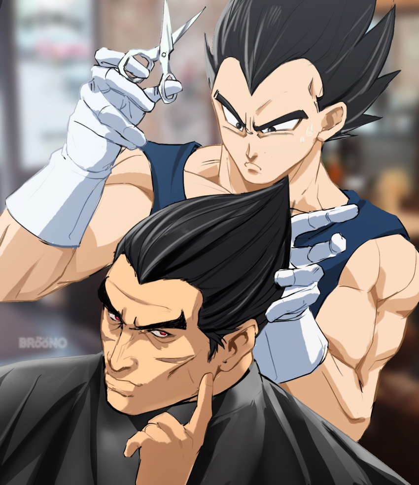 2boys, barber_shop, black_hair, blurry, blurry_background, broonoart, crossover, dragon_ball