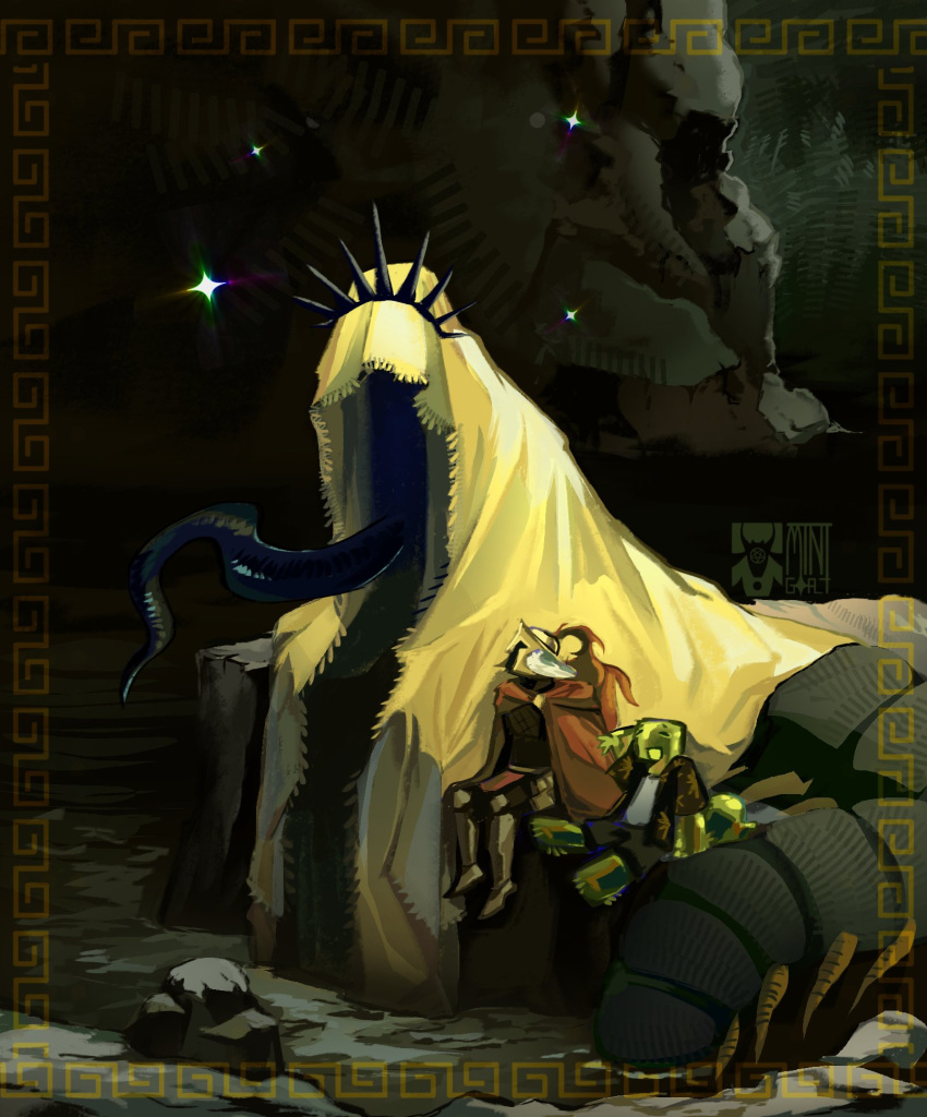 1boy, 2others, ambiguous_gender, armor, averythemayo, border, bug, cape