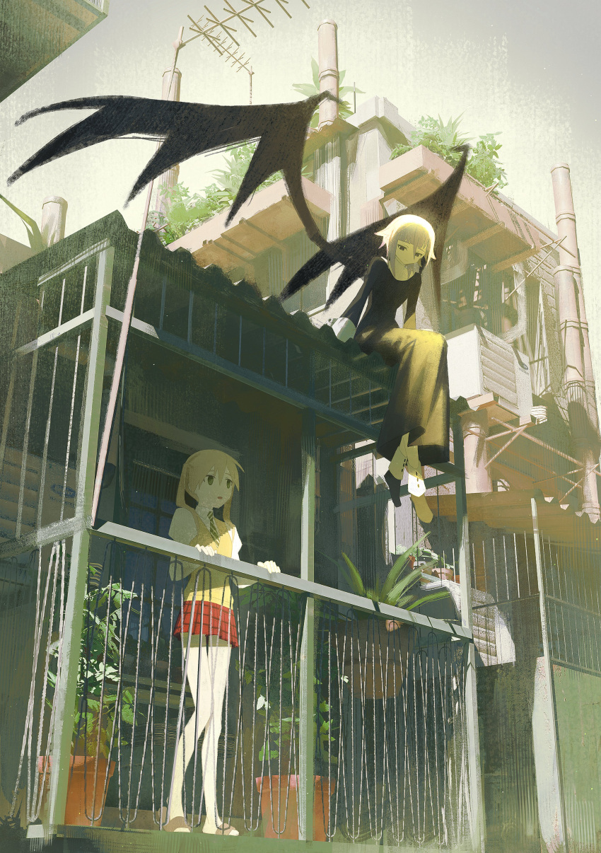 1girl, 1other, absurdres, against_railing, androgynous, balcony, blonde_hair, building