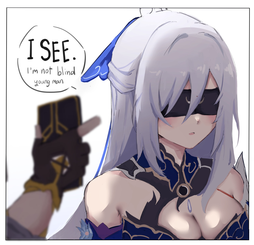 absurdres, black_gloves, blindfold, blue_dress, caelus_(honkai:_star_rail), dress, gloves, grey_hair