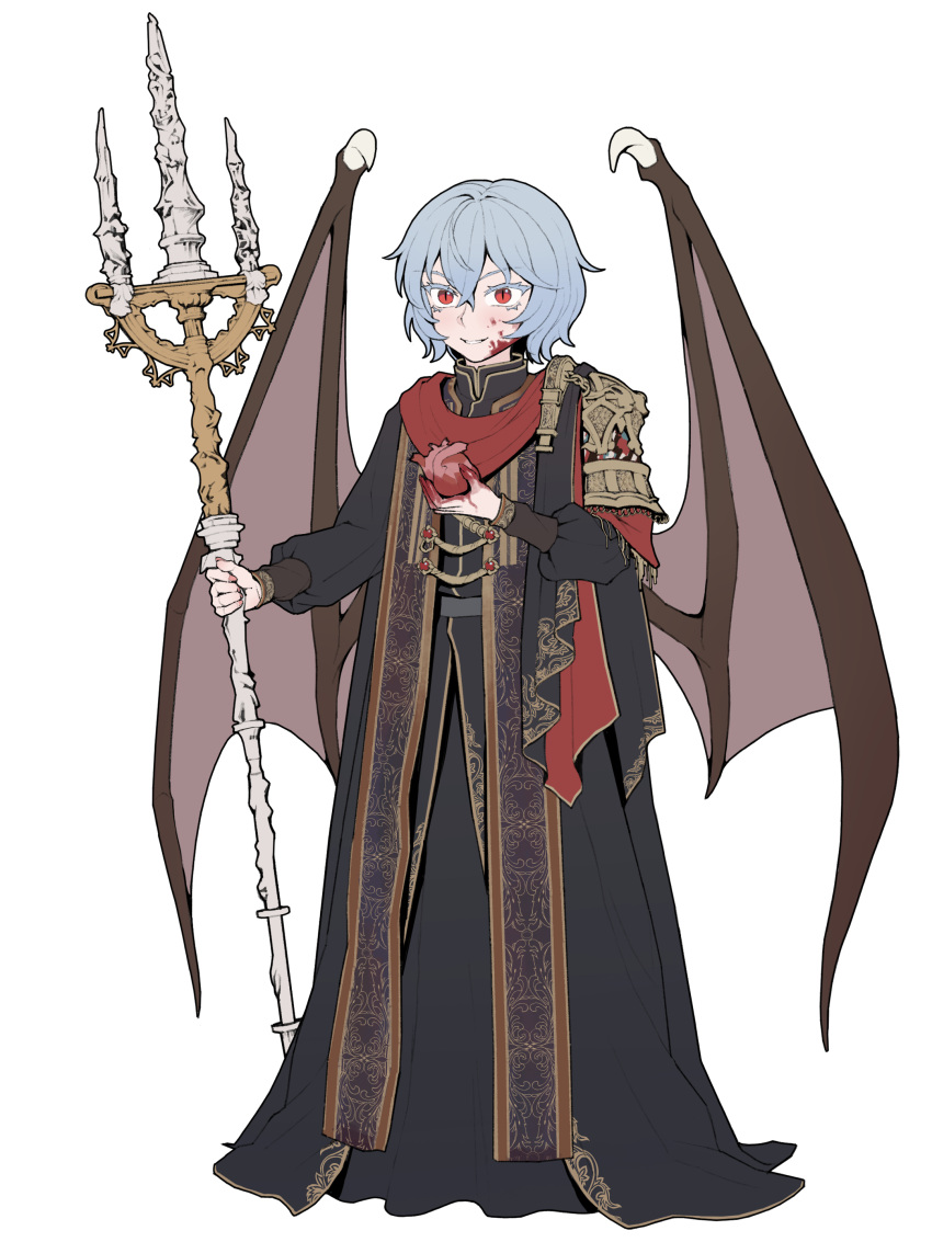 1girl, absurdres, bat_wings, black_robe, blood, blood_on_face, blood_on_hands, blue_hair