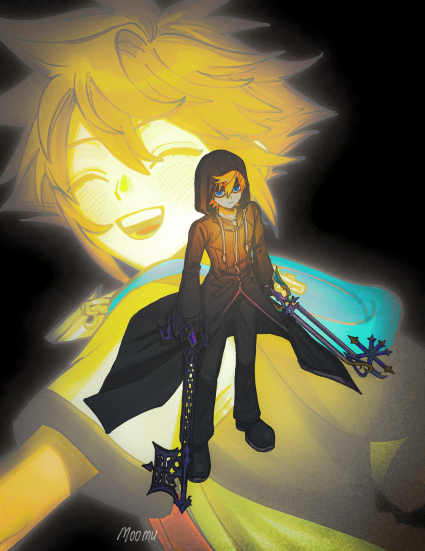 2boys, absurdres, black_background, black_coat, black_coat_(kingdom_hearts), black_pants, black_shoes, blonde_hair, blue_eyes, chain, chain_necklace, closed_eyes, coat, commentary, dual_wielding, english_commentary, from_above, full-length_zipper, full_body, glowing, highres, holding, holding_weapon, hood, hood_down, hood_up, hooded_coat, jacket, jewelry, keyblade, kingdom_hearts, kingdom_hearts_ii, long_coat, male_focus, moomusapi, multicolored_jacket, multiple_boys, necklace, open_mouth, pants, pendant, roxas, serious, shaded_face, shoes, short_hair, short_sleeves, signature, smile, sora_(kingdom_hearts), spiky_hair, teeth, upper_teeth_only, weapon, zipper