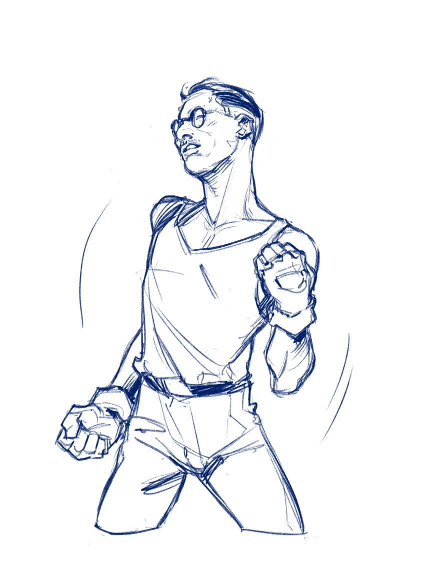 1boy, belt, buzz_cut, clenched_teeth, closed_eyes, cowboy_shot, dancing, disco_elysium