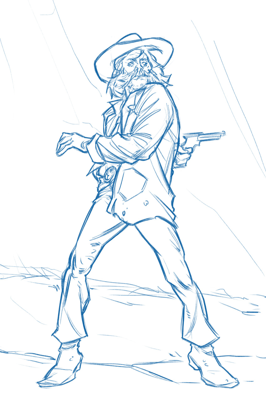 1boy, absurdres, alternate_costume, arm_behind_back, belt, cowboy, cowboy_hat, disco_elysium