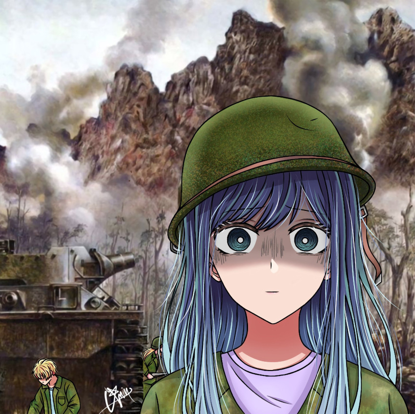 1boy, 2girls, alternate_universe, blonde_hair, blue_eyes, blue_hair, bright_pupils, closed_mouth