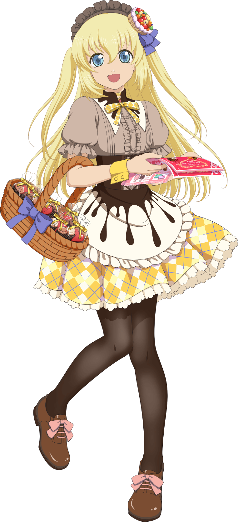 1girl, artist_request, basket, black_pantyhose, blonde_hair, blue_eyes, blue_ribbon, brown_shoes