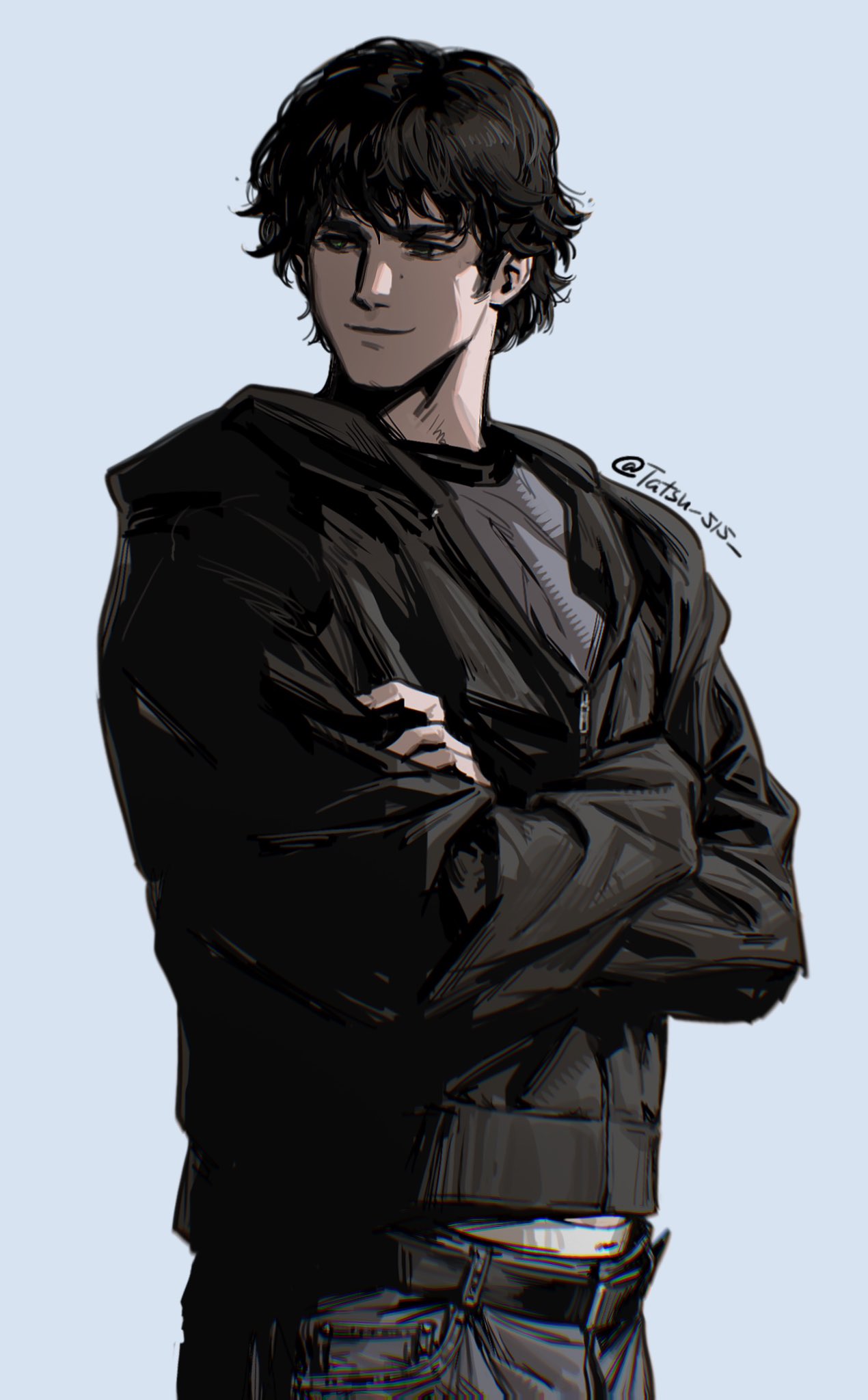 1boy, black_pants, brown_eyes, brown_hair, closed_mouth, cowboy_shot, crew_neck, grey_background