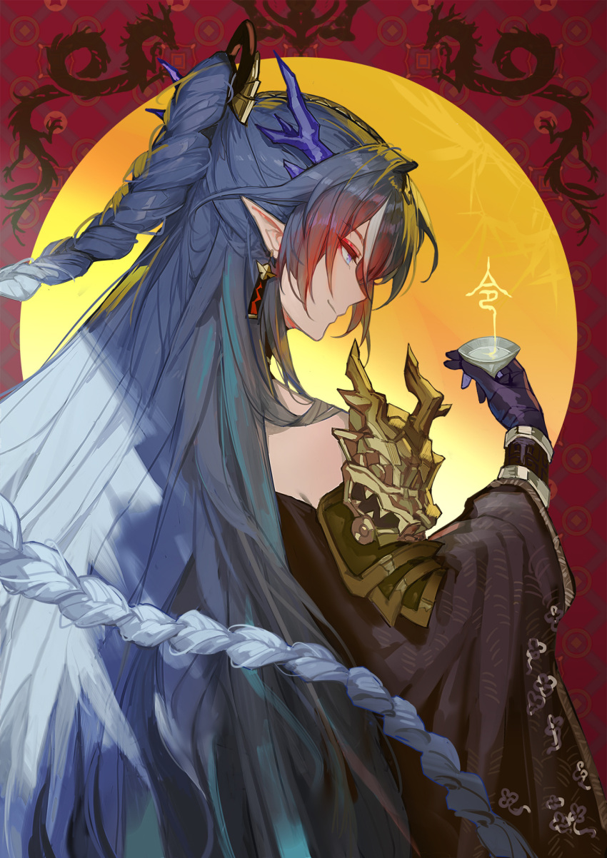 1girl, arknights, bare_shoulders, black_gloves, blue_eyes, blue_hair, chinese_clothes, chinese_commentary