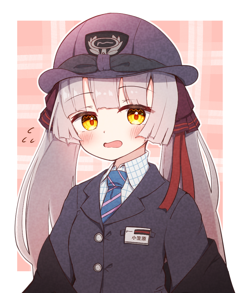 1girl, alternate_costume, black_hat, black_jacket, blue_necktie, blunt_bangs, blunt_ends, blush