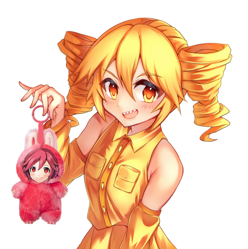 1girl, 24_karat_gold_labubu_(meme), absurdres, alternate_color, alternate_eye_color, alternate_hair_color, blonde_hair, blush