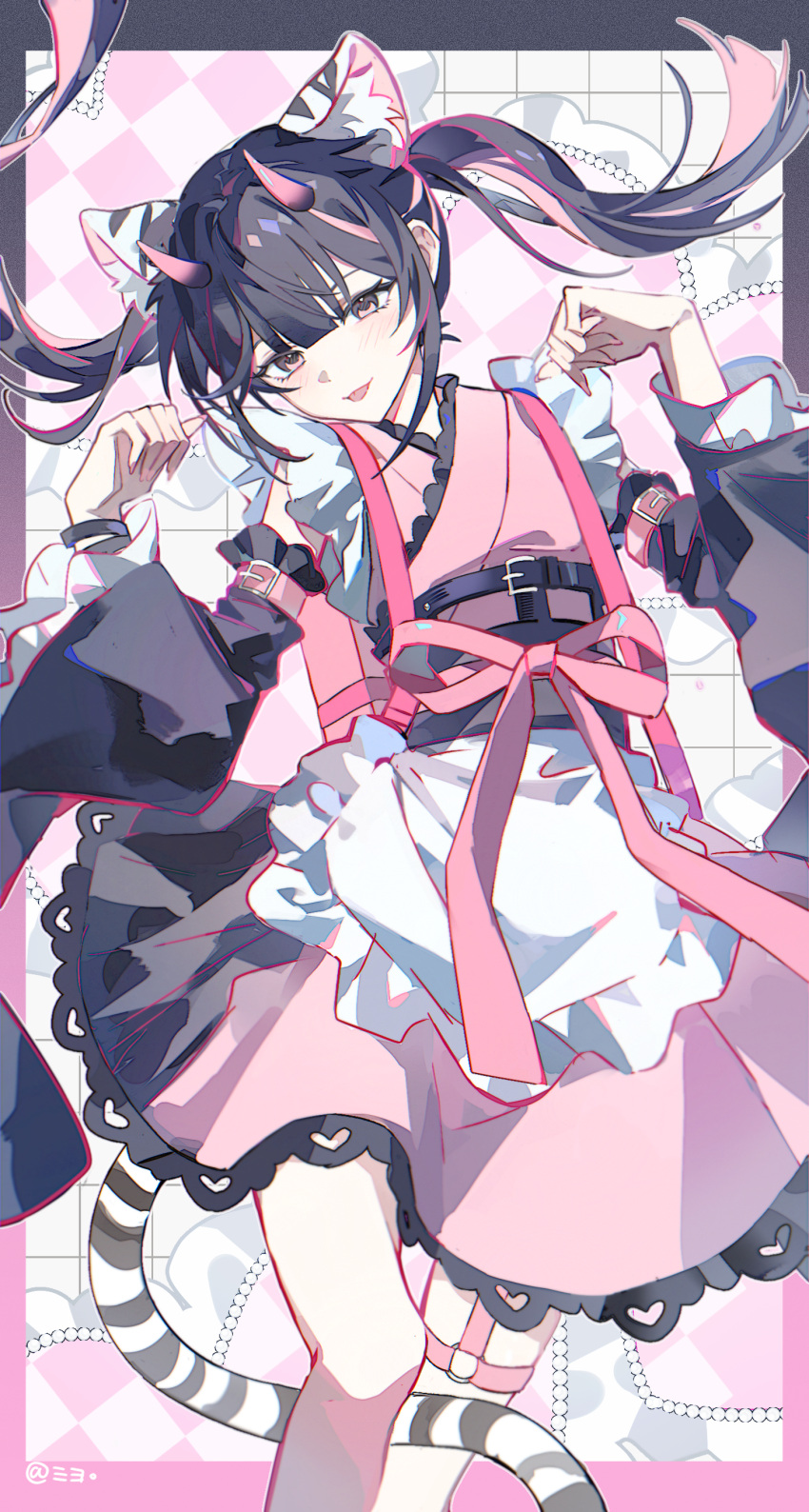 1boy, absurdres, animal_ears, blush, cho_kaguya-hime!, commentary_request, crossdressing, crossdressing_(mtf), detached_sleeves, highres, horns, komazawa_noi, looking_at_viewer, m_yiil77, male_focus, multicolored_hair, pink_eyes, pink_nails, ribbon, solo, tail, thigh_strap, tongue, tongue_out, twintails