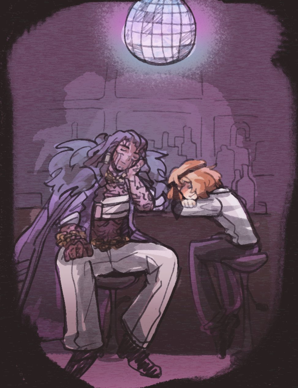 2girls, bar_(place), beifeeng, black_pants, black_shoes, bottle, braided_dreadlocks, brown_hair