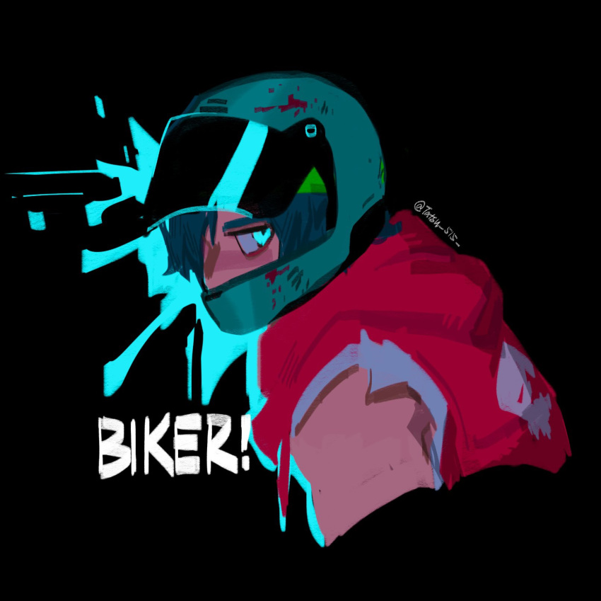 1boy, aqua_eyes, biker_(hotline_miami), black_background, blood, blood_on_helmet, blue_hair, cropped_torso