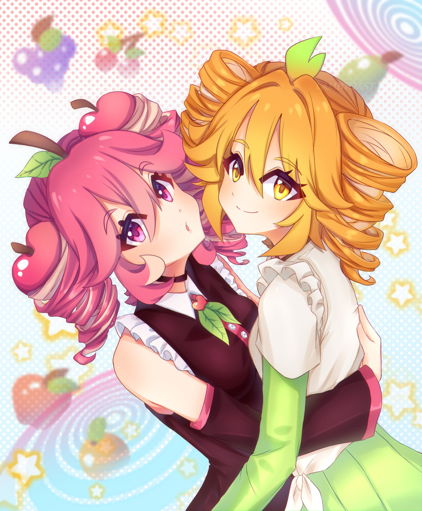 2girls, absurdres, apple, blonde_hair, drill_hair, dual_persona, eyelashes, food, food-themed_hair, food-themed_hair_ornament, frills, fruit, grapes, hair_ornament, highres, hug, kasane_teto, lambt0ast, leaf_hair_ornament, long_sleeves, looking_at_viewer, multiple_girls, orange_hair, pear, pink_hair, twin_drills, twintails, utau, yellow_eyes