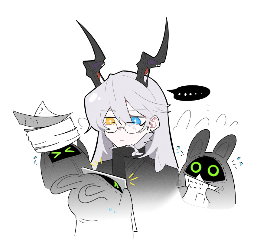 +_+, ..., 1girl, absurdres, bangboo_(zenless_zone_zero), black_coat, black_horns, chinese_commentary