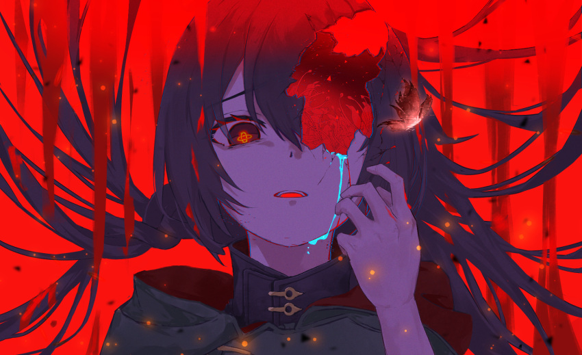 1girl, black_hair, cracked_skin, cradle_(pgr), crying, floating_hair, hair_between_eyes, hand_up